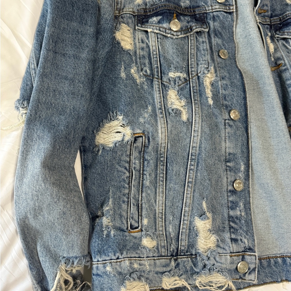 Zara Light Blue Ripped Denim Jacket - Picture 4 of 5